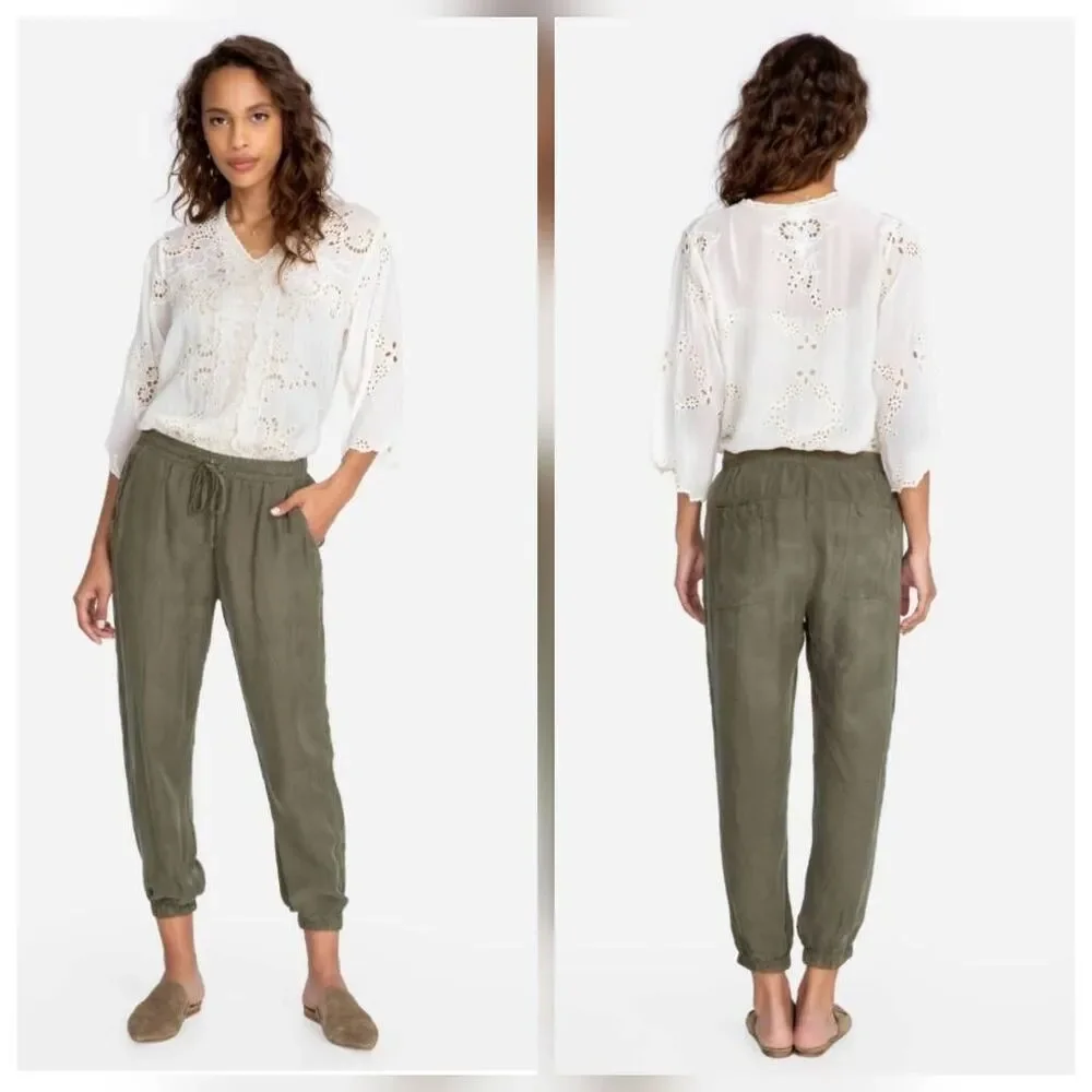 Johnny was womens Sz S cupra olive green silky Alice jogger trousers